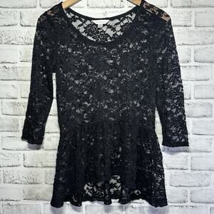 Decree Womens Witchy Black Floral Lace Peplum Top Size L Whimsigoth Dark Fairy